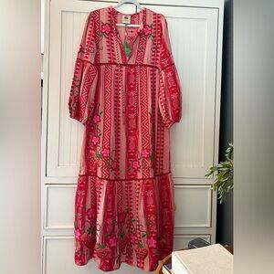 NWT FARM Rio Red and Pink Floral Long-Sleeve Maxi Dress